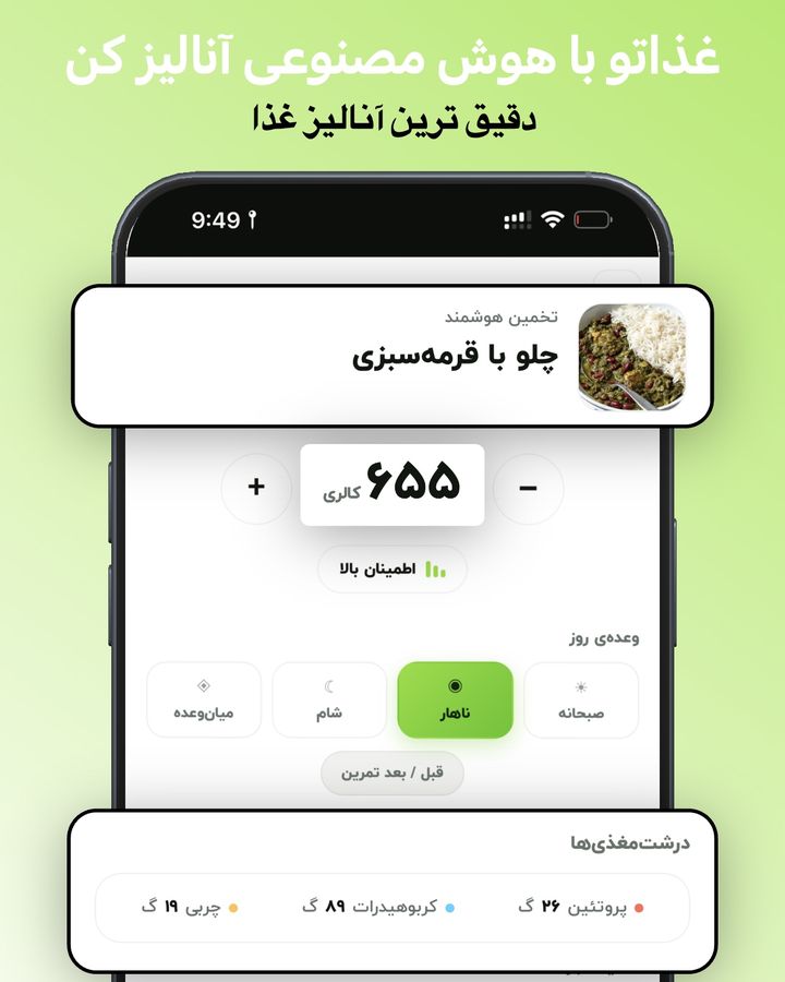 نتیجه آنالیز غذا در جیم فا: چلو با قرمهسبزی ۶۵۵ کالری و درشتمغذیها